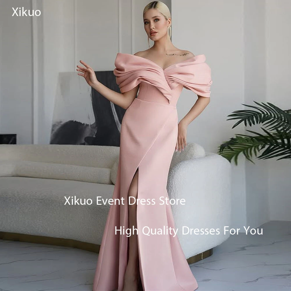 Xikuo gracioso rosa cetim vestidos de noite longos vestidos de sereia para ocasiões especiais fenda lateral fora do ombro vestido de baile personalizado