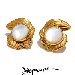 Yhpup Stainless Steel Natural Shell Statement Geometry Big Stud Earrings Fashion Waterproof Metal Stylish Jewelry for Women