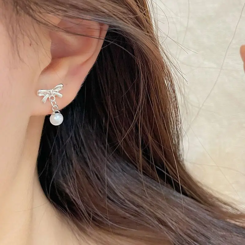 Stylish Delicate Sterling Silver Bow Earrings for Women with Sweet Small Tassel Pendants Perfect for Newly Pierced Ears Simple a