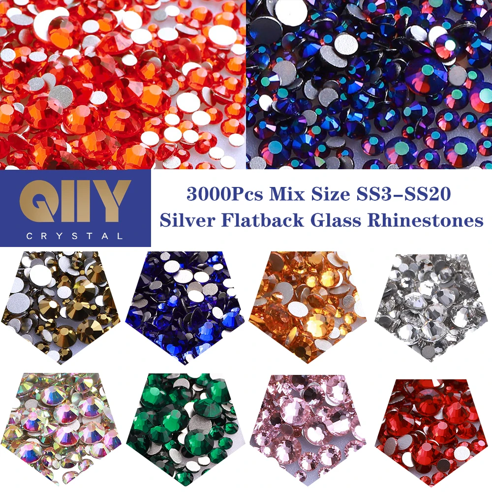 QIIY Mix Size Silver Flatback High Quality SS3-SS20 3000Pcs Glass Rhinestones Crystal Non-hotfix  Stones For DIY Nail Art