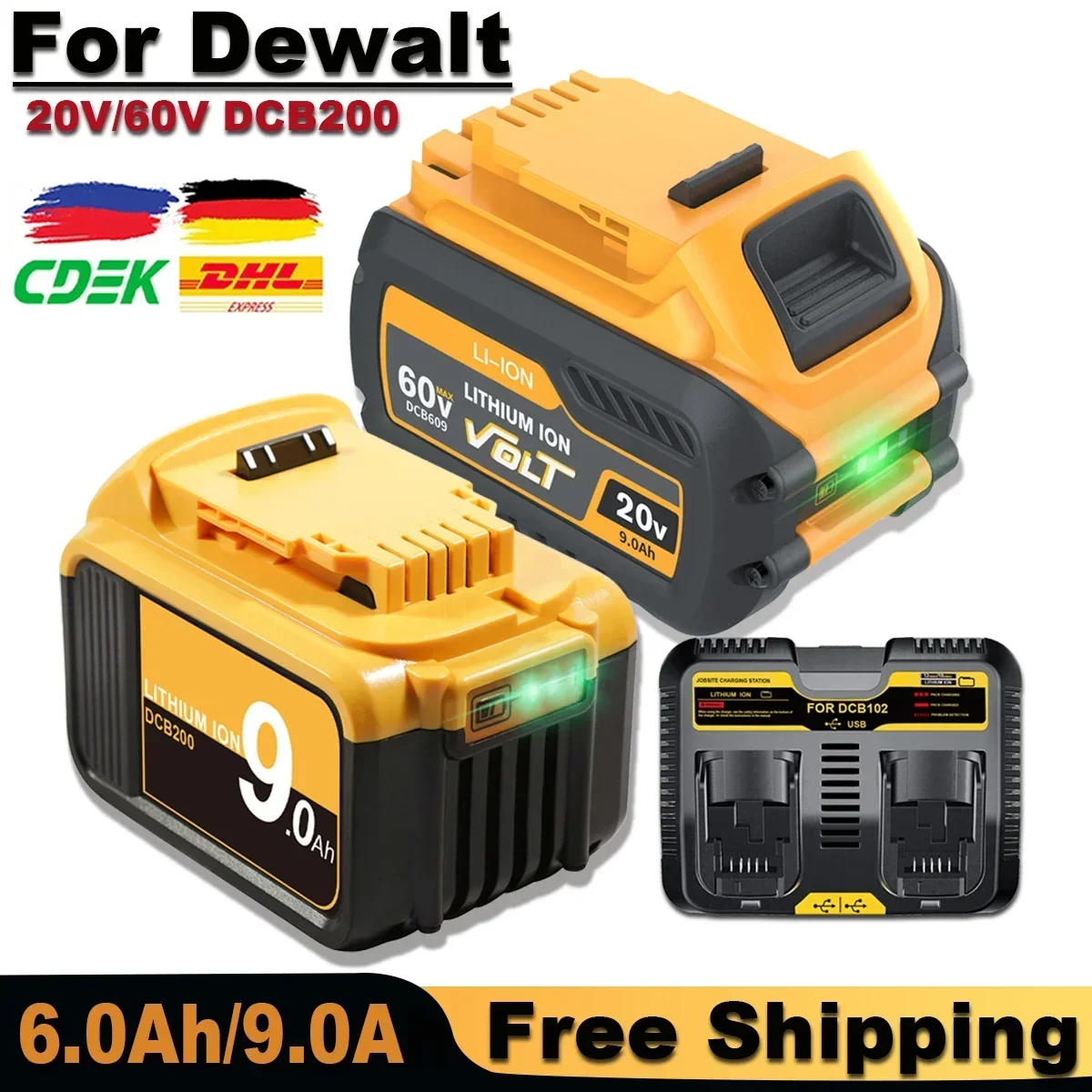 Bateria de lítio para ferramentas elétricas, Dewalt, 60V, 9,0 Ah, DCB606, DCB205, DCB206, DCB209, DCB182, 20V, 6,0 Ah