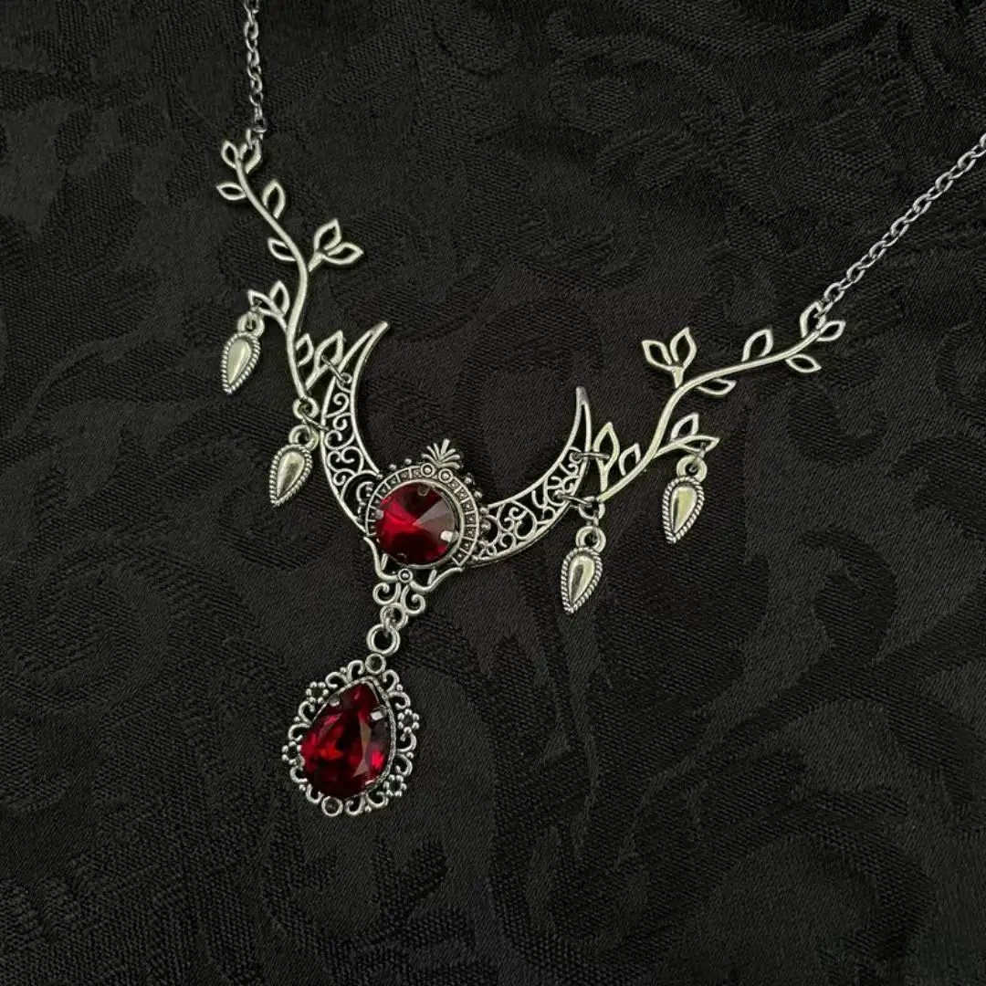 Gothic Crescent Moon Choker Necklace Women Celtic Elven Vine Branch Water Drop Crystal Pendant Vintage Witch Party Jewelry Gift