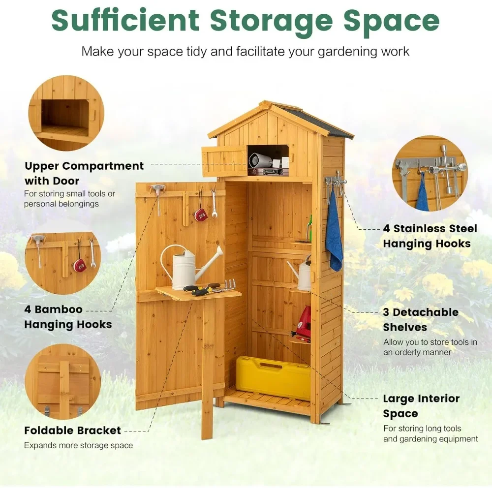 Outdoor Storage Shed, Wooden Garden Storage Cabinet with Lockable Doors, Foldable Table, Hooks, Utility Tool Organizer