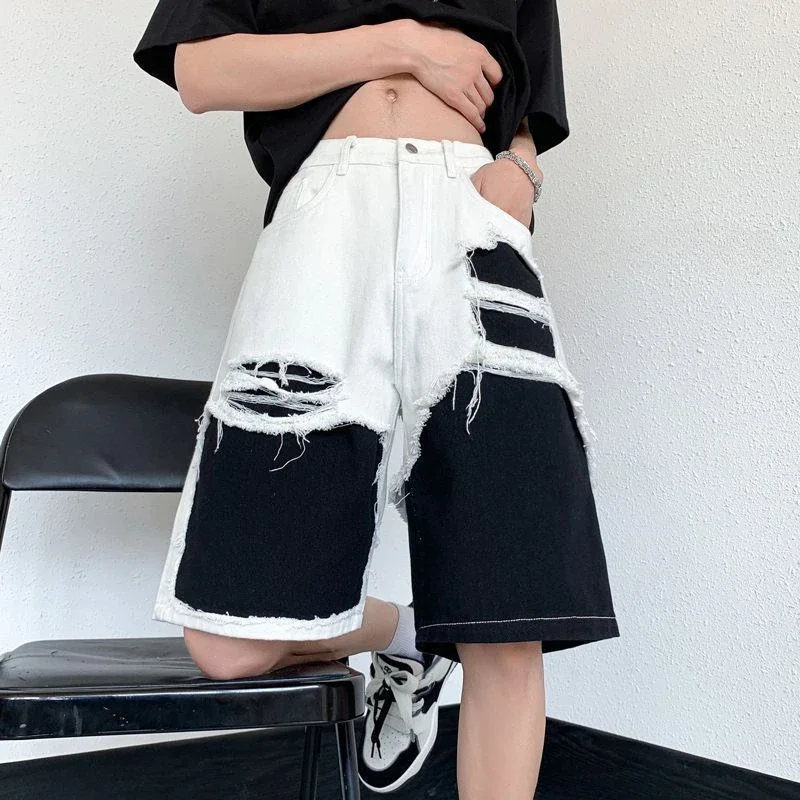 Male Denim Shorts Bermuda Half Long Patchwork Straight Hip Hop Men's Short Jeans Pants Summer Streetwear Jorts Harajuku Cowboy