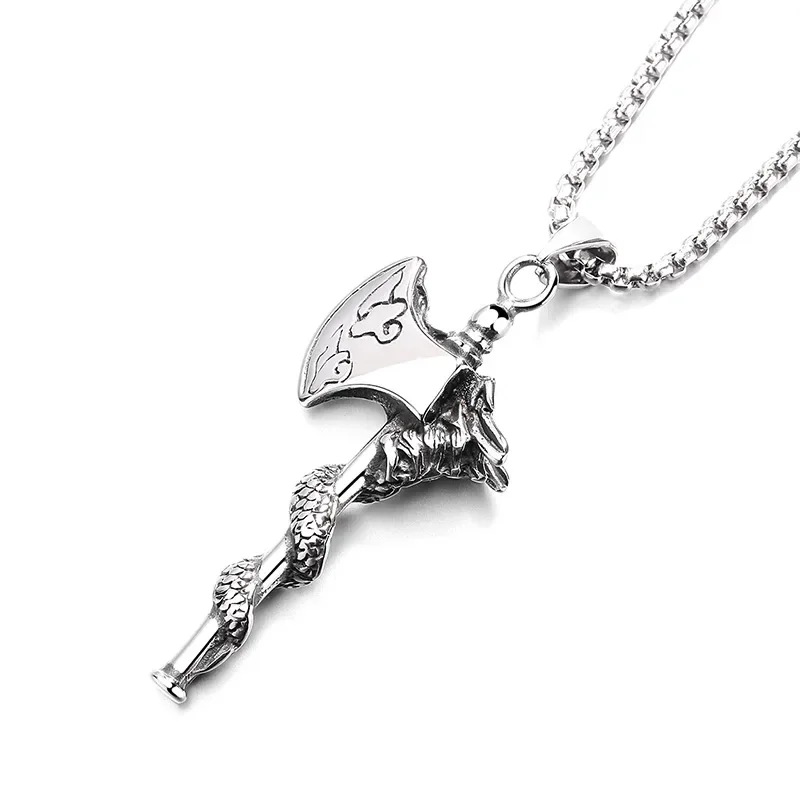 Nordic Style Viking Battle Ax Dragon Head Necklace Pendant Men's Punk Trendy Cool Jewelry