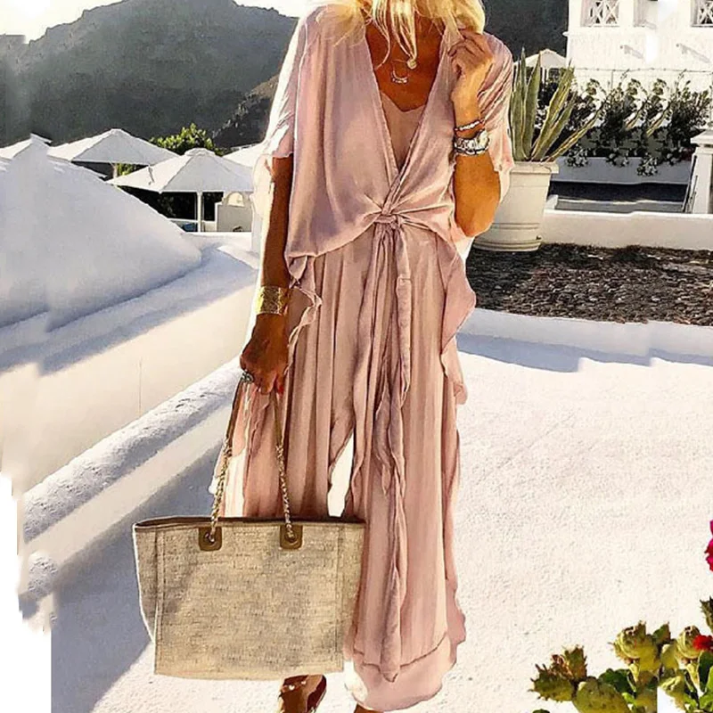 Vestido informal de verano Retro de Color sólido de manga corta para mujer, vestido largo elegante con volantes, vestido holgado bohemio para vacaciones a la moda para mujer