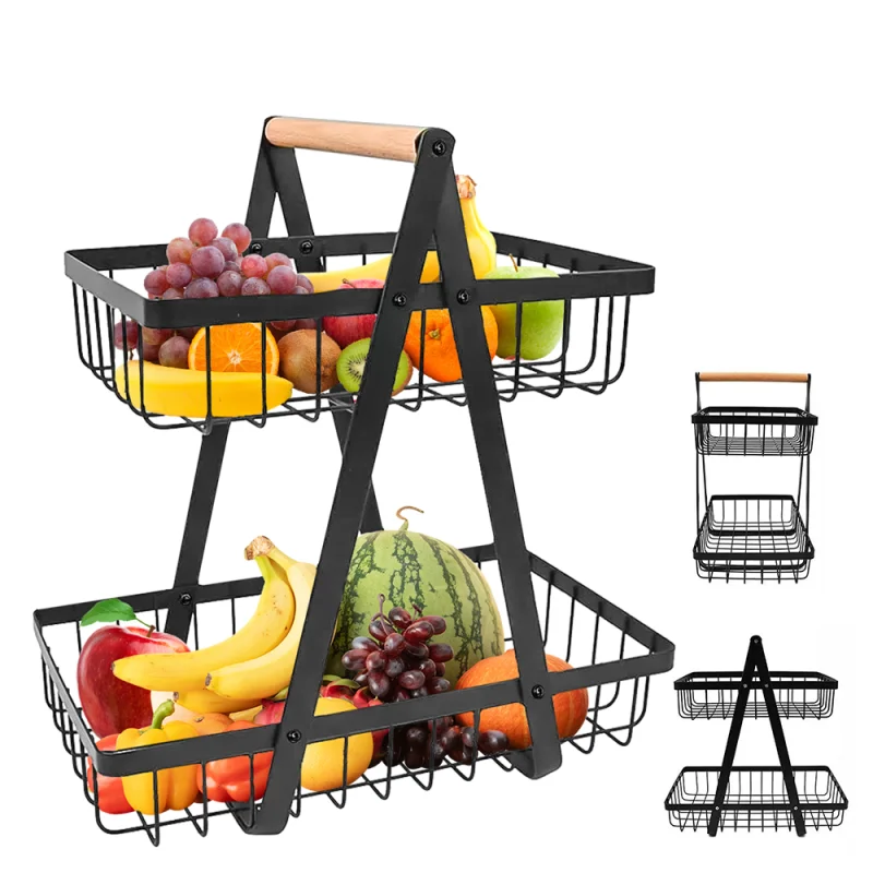 Fruit Storage Basket 2/3 Tiers Vegetable Basket Bowl Iron Folding Dish Rack Food Tableware Kitchen Organizer