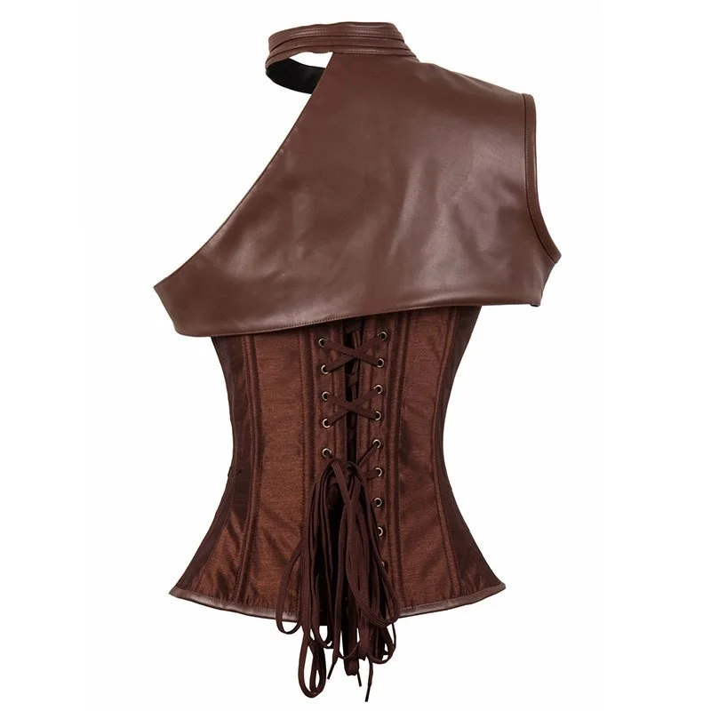 Women\'s Brown Vintage Gothic Corset Steampunk jacket Armor With Shoulder Burlesque Costumes Overbust Bolero steel boned corset