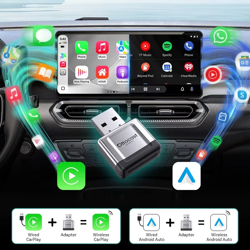 OTTOCAST Wireless CarPlay Adapter Mini Gem Android Auto Connection Car Accessories for Toyota VW Ford Chevrolet Hyundai