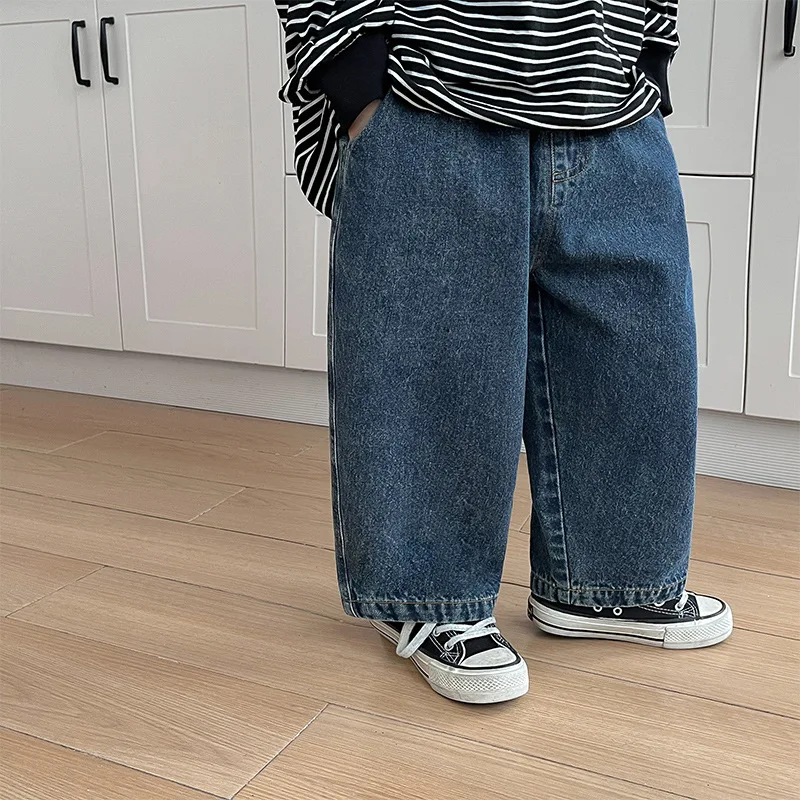 2024 Spring Kids Pants solid color loose straight jeans Boys and girls all-match casual denim trousers