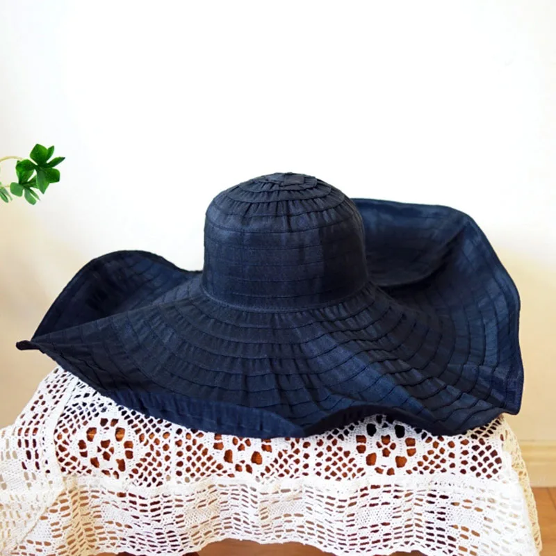 Women 20cm Large Brim Sun Hats Malleable shape Cotton Ribbon Hat Red Black Summer Hat Foldable Beach Hat Party Wedding Dress Hat