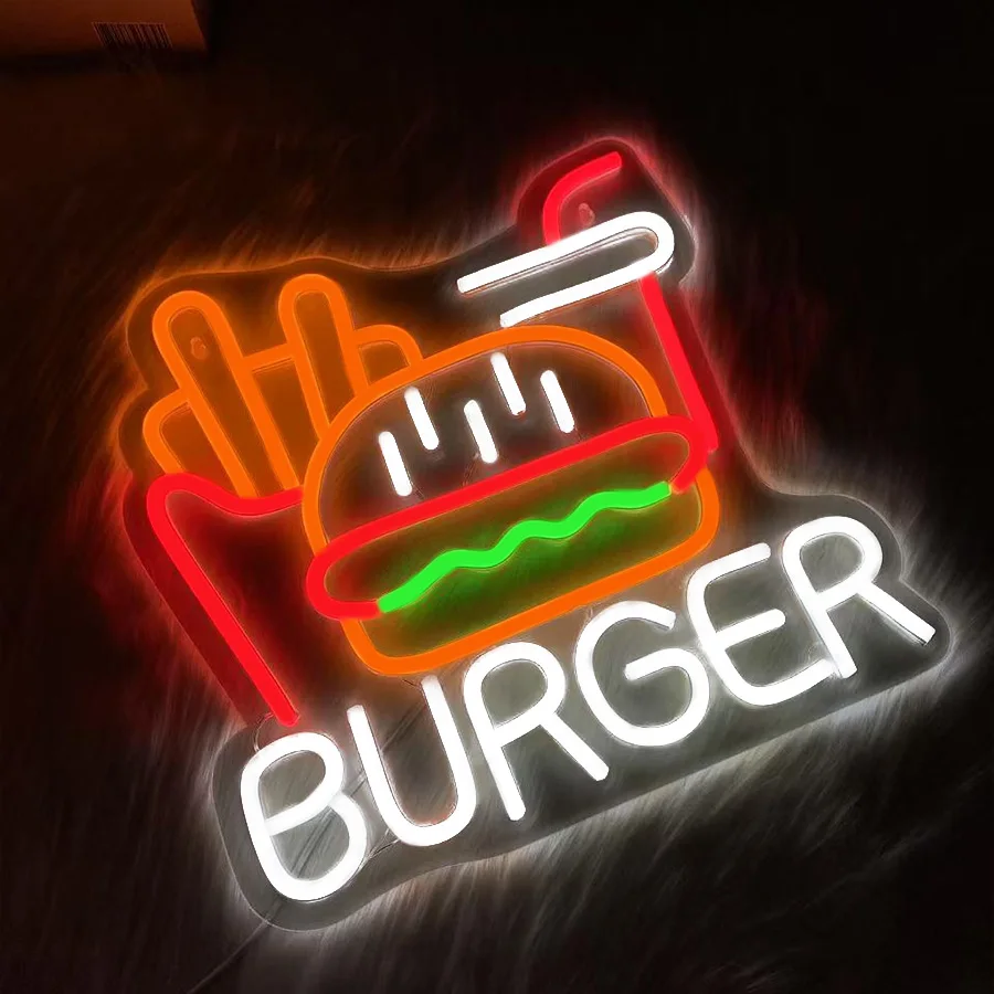 Burger Led Neon Light Signs, French Fries Hamburg Coke Icon Acrylic Usb Powered, Used For Fast Food Restaurants Decor.