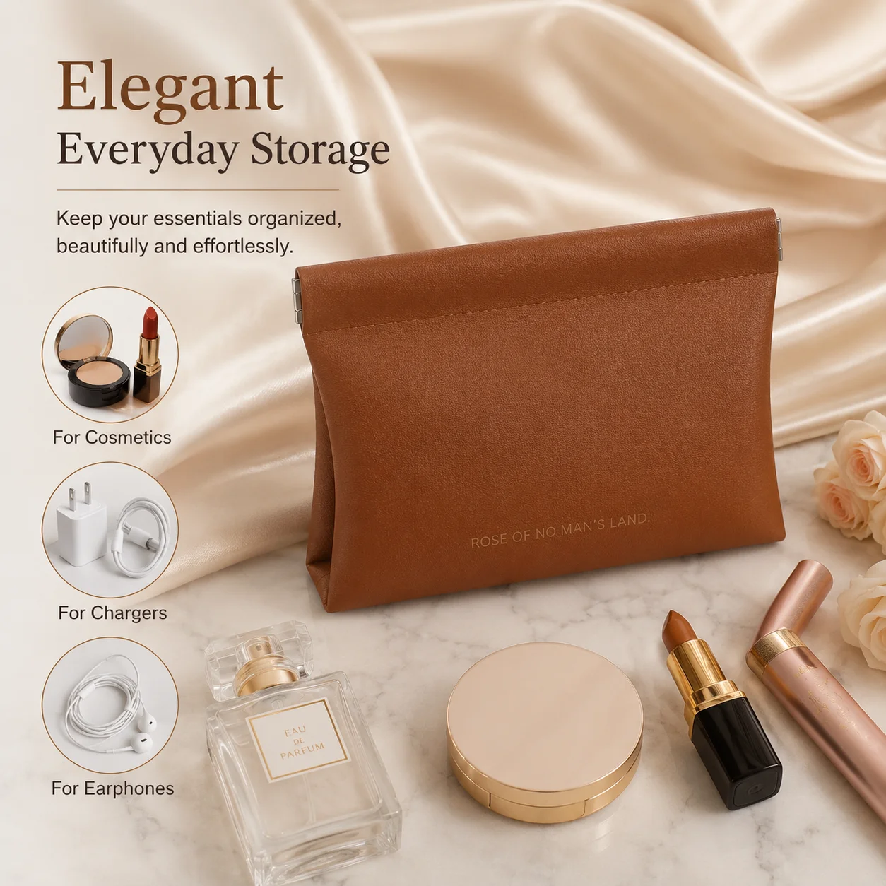 Self Closing Cable Pouch, Elastic Band Organizer for Earphones and Charger, Portable Storage Bag for Makeup and Lipstick