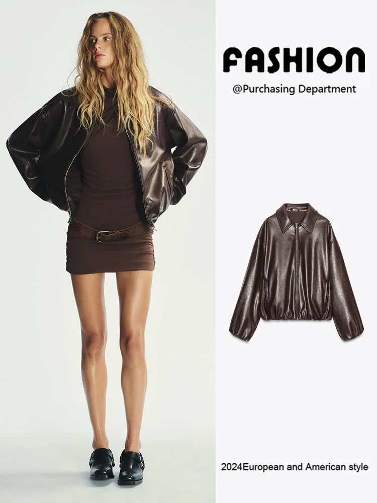 

Fall New Arrival Women's Jaet Pilot Collar Long Sve Faux Leather Ele Outerwear Ethnic Stage Costume Ladies Faion