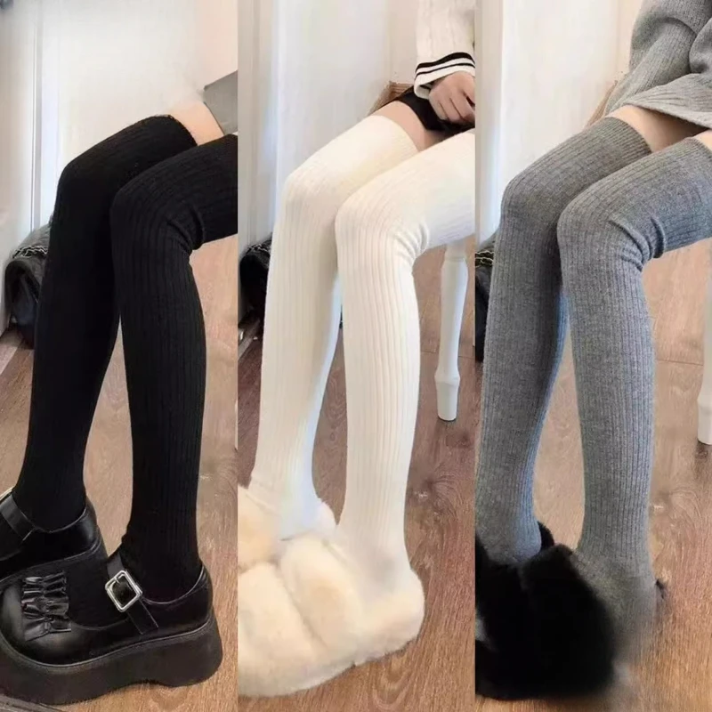 Women Long Socks Cashmere Women Boot Solid Wool Thigh Stocking Skinny Casual Cotton Over Knee-High Fluffy Female Long Knee Sock