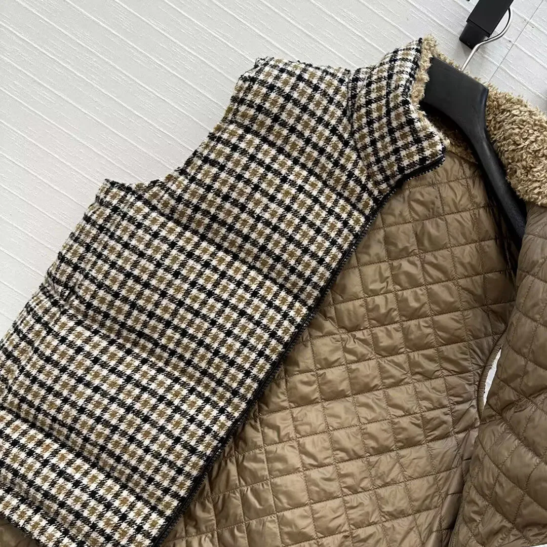 2025 Nuovo inverno caldo piumino d'oca giacca da donna in lana modello scozzese in pile dolcevita senza maniche giacca gilet allentato casual