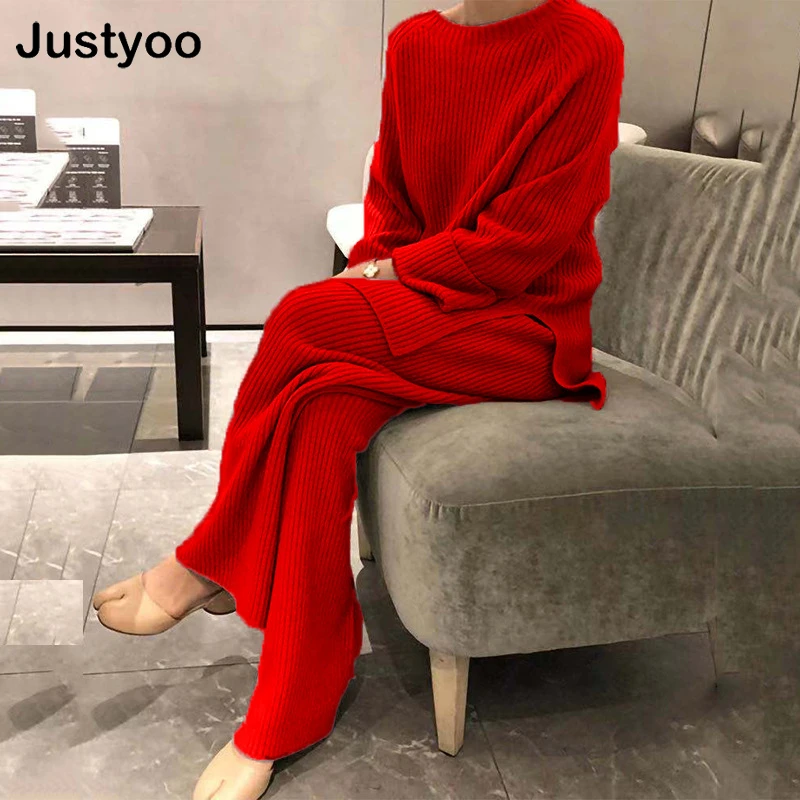 Women Elegant O Neck Loose Sweater and Wide Leg Knitting Trousers Suits Autumn Winter Two Piece Set Vintage Solid Pants Suit