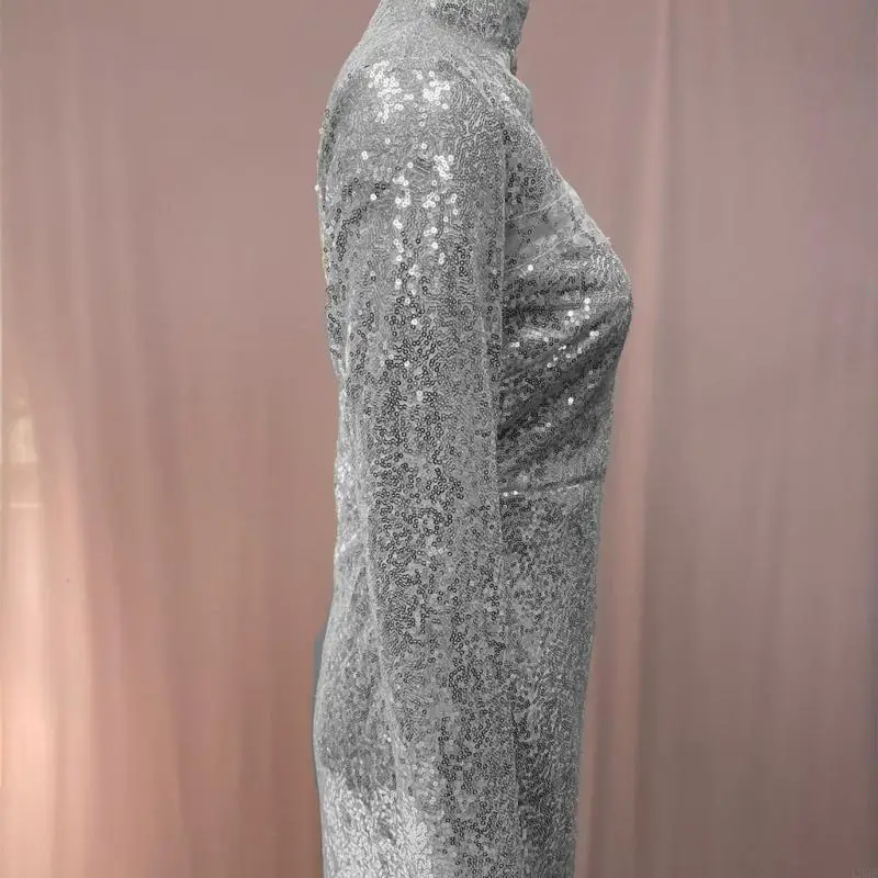 

L38E Ladies' Sparkling Sequined Bodycon Maxi Dress Long Sleeve Mesh Cold Shoulder Gown for Evening Event and Wedding Guests