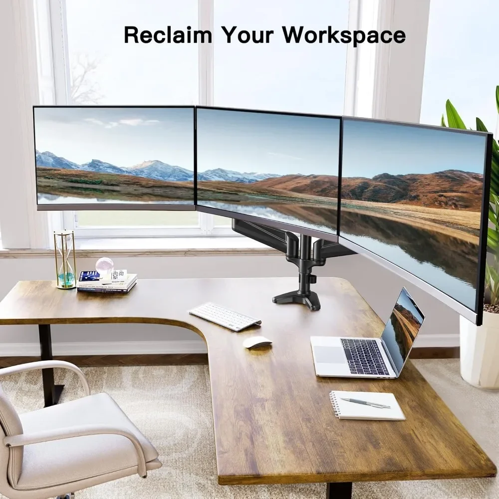 حامل شاشة ثلاثي لشاشات 17 إلى 32 بوصة، حامل شاشة ثلاثي لضبط نوابض الغاز مع دوار وإمالة ودوران ومشبك #6