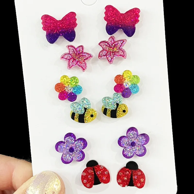 10 Pairs Colorful Glitter Acrylic Floral and Cute Bee Spring Summer Stud Earrings Women Jewelry Gifts Wholesale