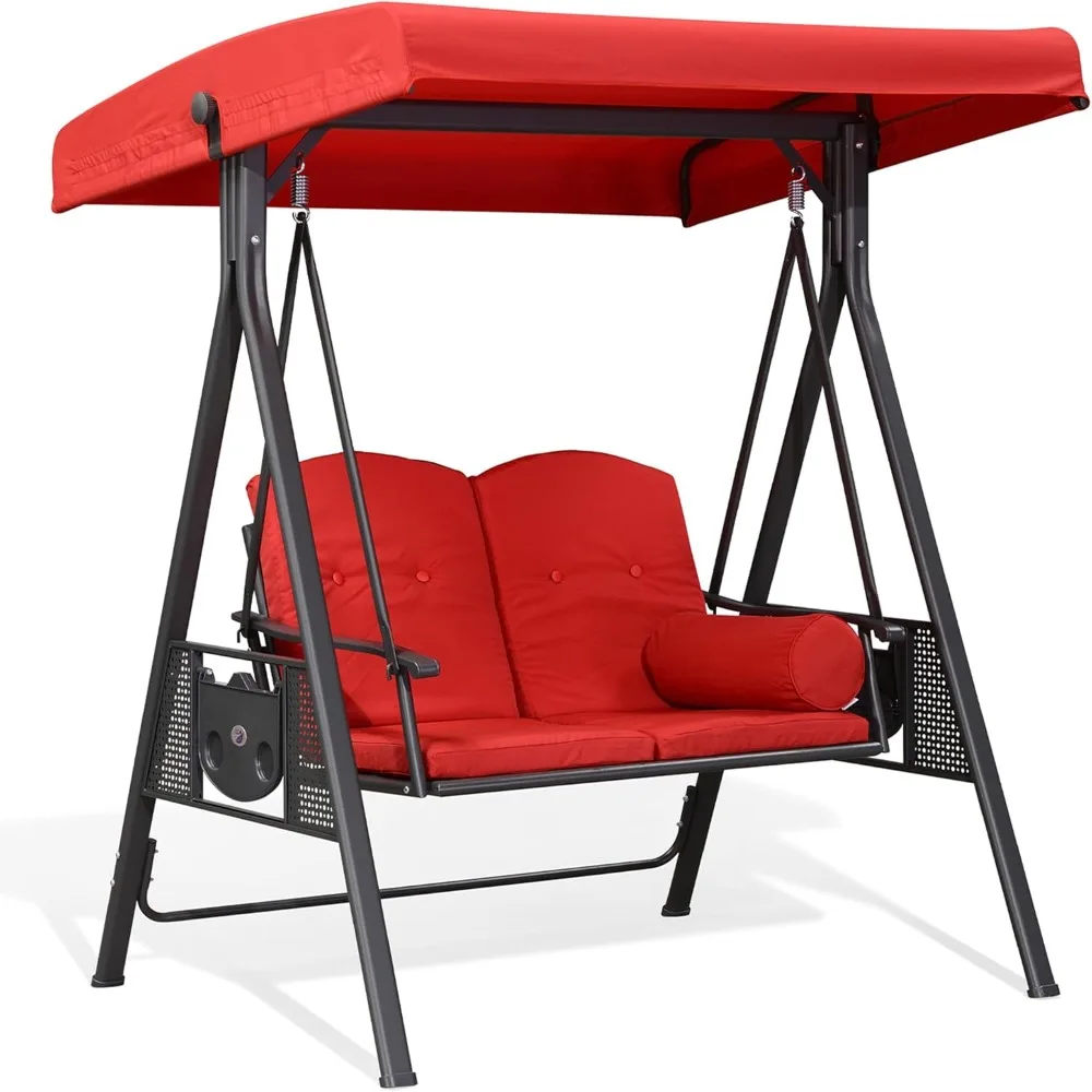 

Outdoor Patio Porch Swing with Stand, 2-seat Swing Chair with Adjustable Tilt Canopy All-Weather Steel Frame for Backyard Front