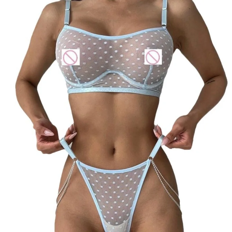 

Blue Polka Dot Lingerie Set with Metal Chain Women's Sexy Perspective Exotic Apparel Suit Female Solid Bra & Brief Two Piece Set