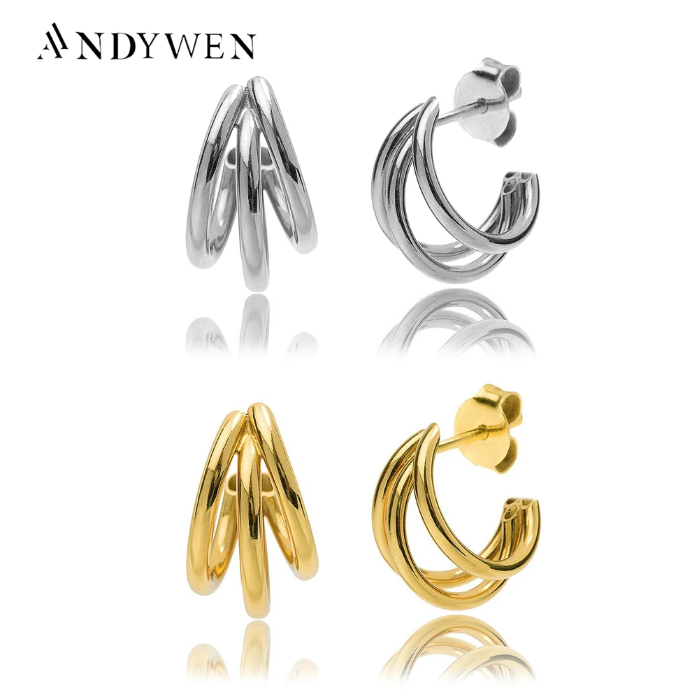 ANDYWEN 925 Sterling Silver 19mm Three Line Circle Cross Hoop Gold Women Luxury Loop Circle Big Thickness Rock Punk Jewelry