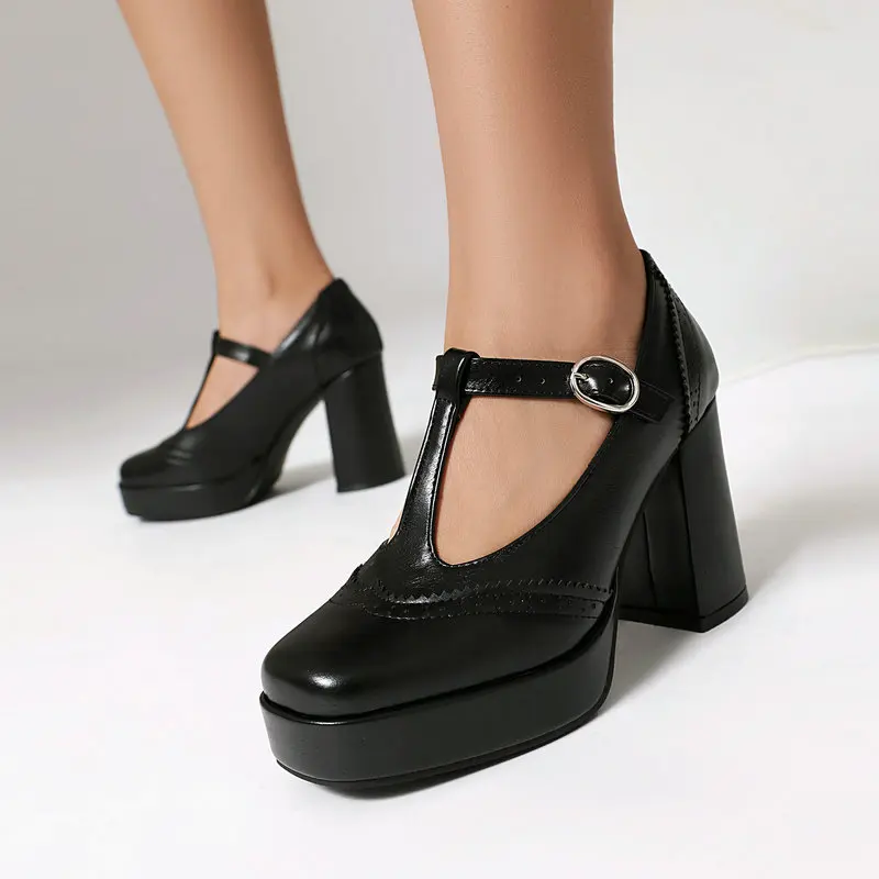 Women Vintage T-Strap Mary Jane Platform Pumps Brown Chunky Block Heel Brogue Design Casual Office Shoes Plus Size 35-43