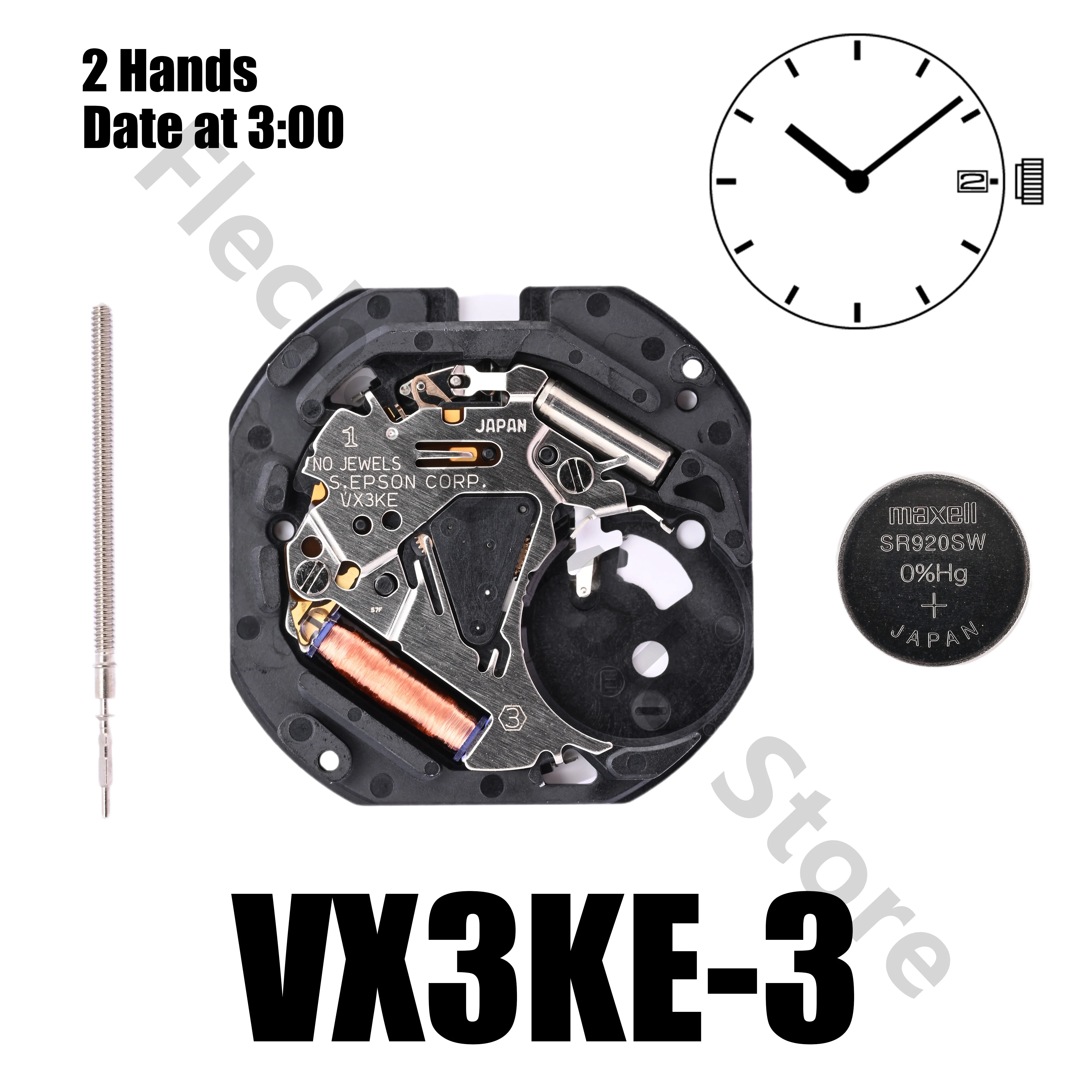 VX3K Movement Japan Genuine Epson VX3KE Movement VX Calendar Series VX3KE Size:10 1/2''' 3 Hands/Day/Date display at 3:00