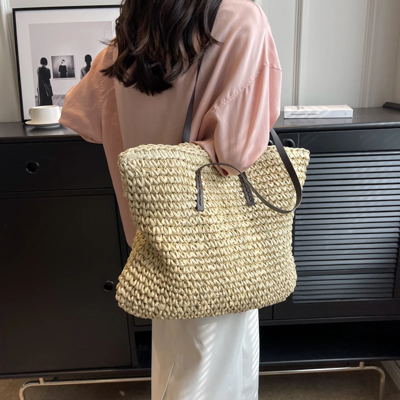 

Модная летняя Классическая вместительная пляжная Соломенная Сумка для женщин, Простой повседневный тоут для хранения вещей,