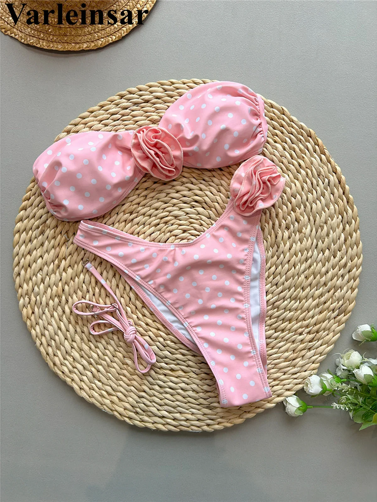 

3D Flower Bandeau Dots Bikini Female Swimsuit Women Swimwear Two-pieces Bikini set Scrunch Butt Bather Bathing Suit Swim V6889