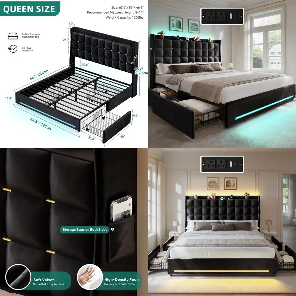 

Черная бархатная кровать-платформа с 4 ящиками, RGB-подсветкой, зарядной станцией, местом для хранения, не требует пружинного блока, простая сборка