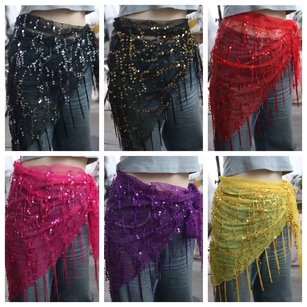 Dance Belt Shiny Sequins Belly Dance Hip Scarf Triangular 6 Colors Women Waist Chains Elegant Tassel Dancer Skirt Latin Dancer