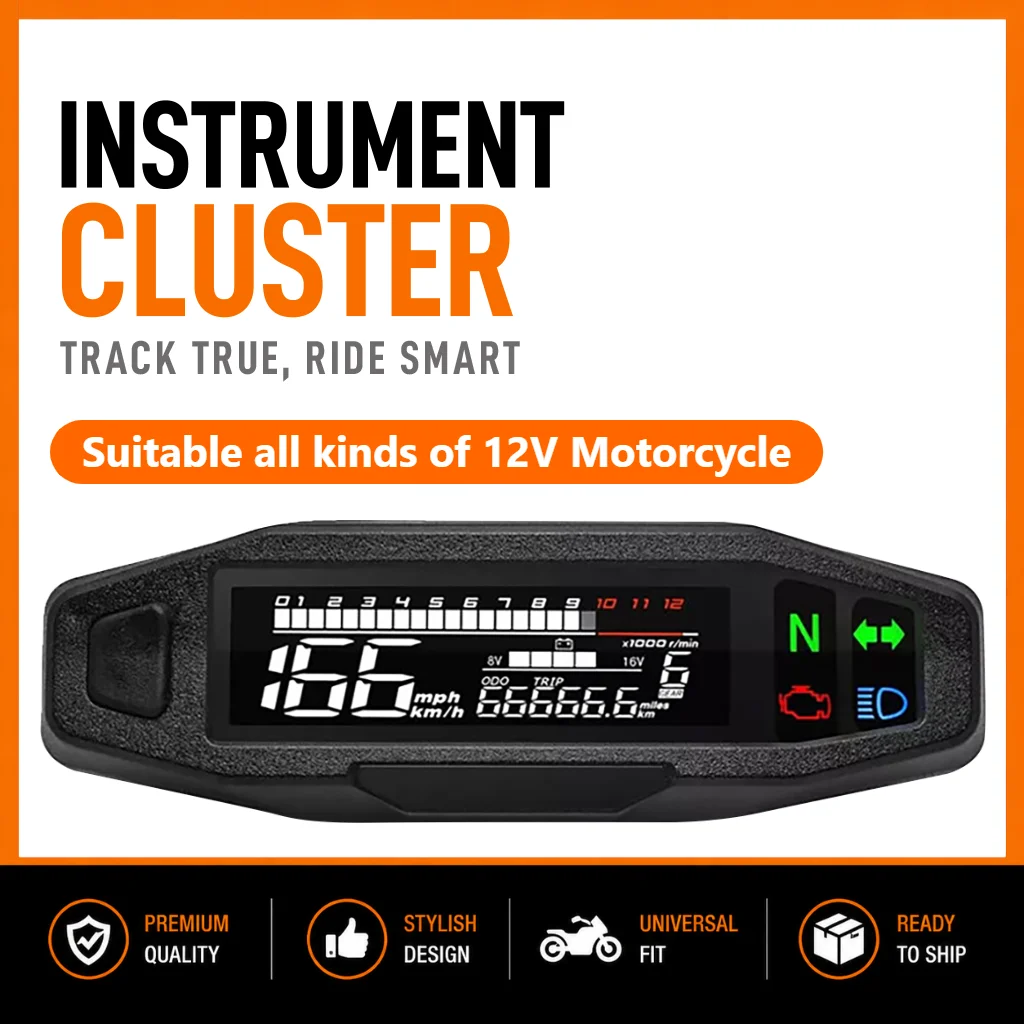 Universal 12V Motorcycle High-Definition LCD Multi-Function Digital Electronic Instrument - Speedometer Tachometer Fuel Gauge