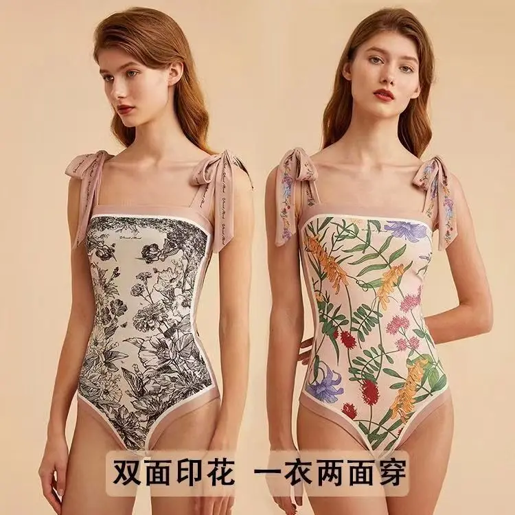 2023 Vintage bikinis Sets Double Side Printing Two Side Wearing One Pieces Swimwear Monokini French Style Swimming Bathing Suits