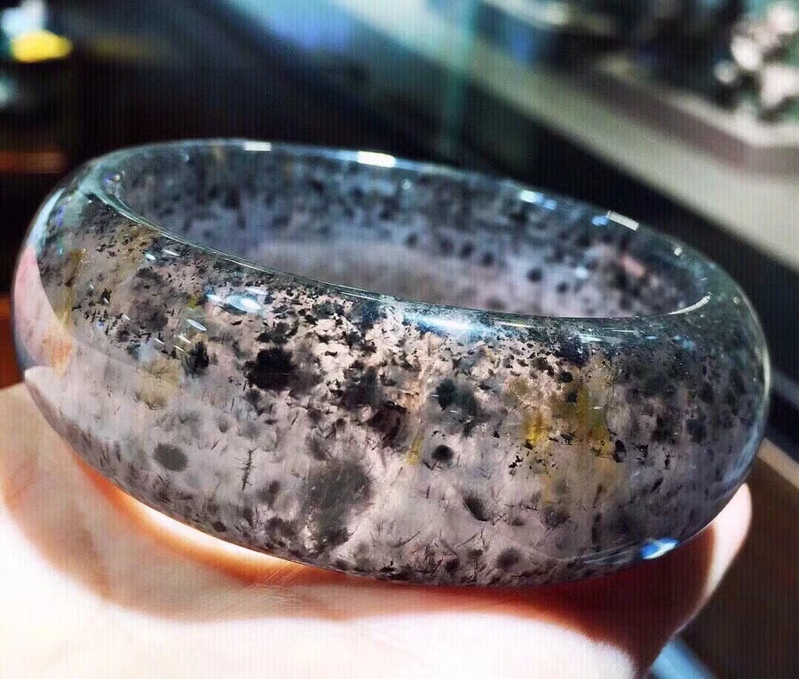 

Natural Black Auralite 23 Cacoxenite Clear Round Crystal Bangle 57mm Women 25x10mm Love Aquamarine Jewelry Fashion AAAAAAA