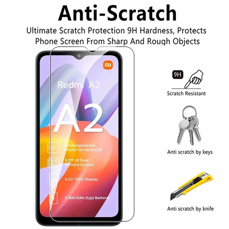 2PCS HD Protective Glass Case For Xiaomi Redmi A2 Screen Tempered Film Redmy A2+ A 2 + RedmiA2 6.52inch Safety Protector Cover