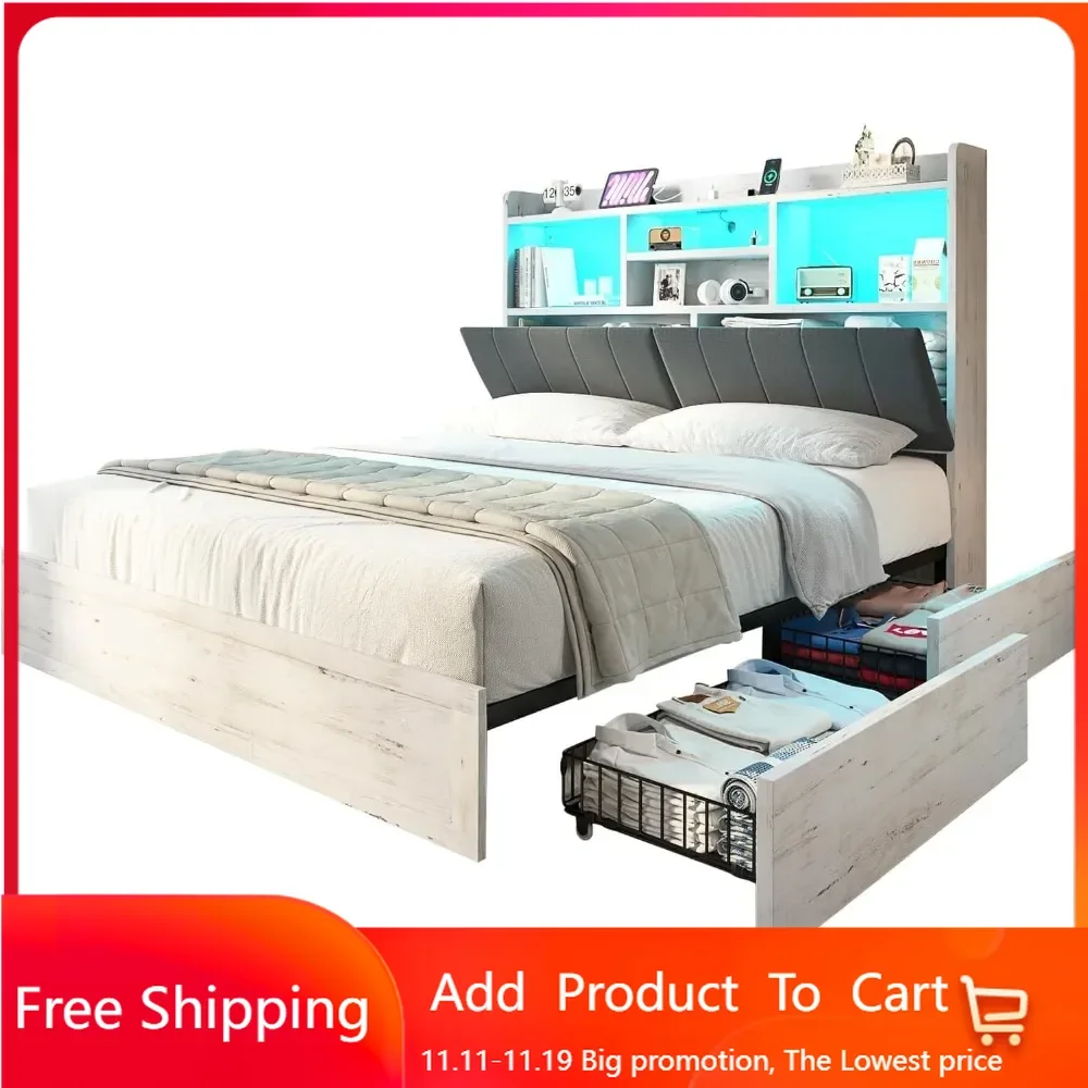 

Full LED Bed Frame with Bookcase Headboard and 4 Drawers,Farmhouse Storage Bed with Charging Station & Linen Upholstered