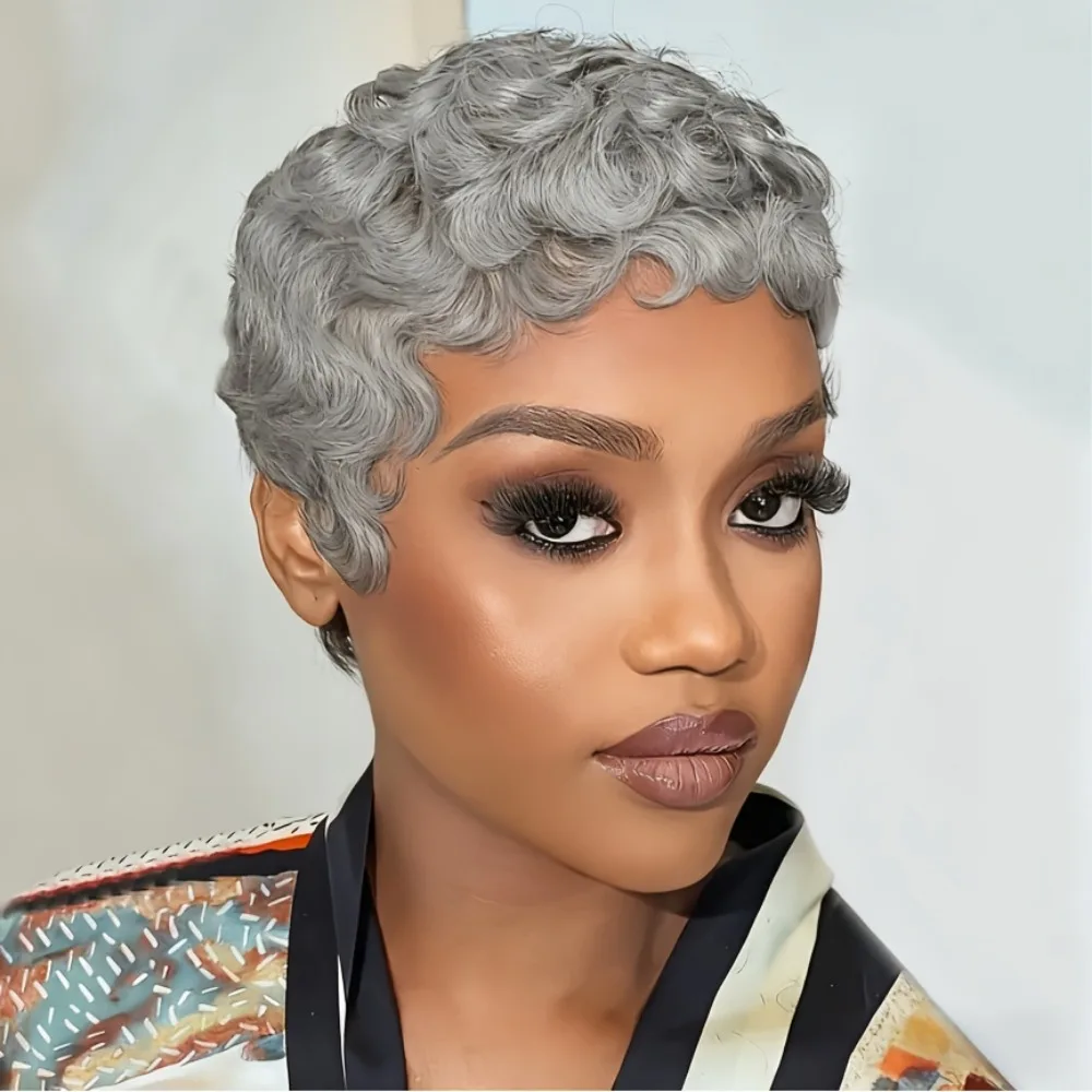 Remy Human Hair Wig, Short Curly Pixie Cut with Bangs
