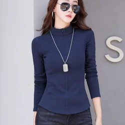 #0387 Turtleneck T Shirt Women Long Sleeve Solid Color Warm Zipper Short T-shirt Female Elegant Office Women's T-shirt Autumn