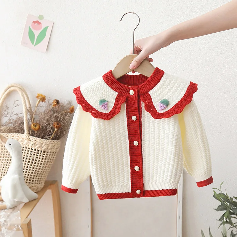 Girls' Sweater Jacket Autumn 2025 New Baby Sweet Doll Collar Top Children's Red Knitted Cardigan