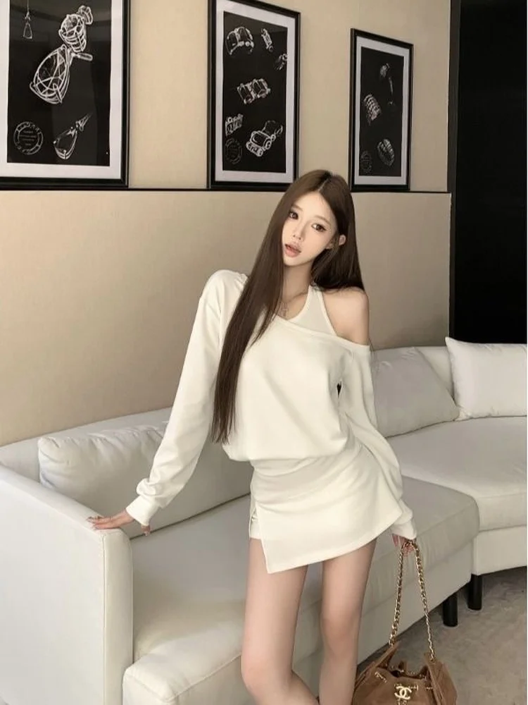 KING BRAND Anti-Aging oulder-Bared Long Sve Sweatirt Design Split Tight-Fit f Skirt Women's Autumn Set Casual Chic view 5
