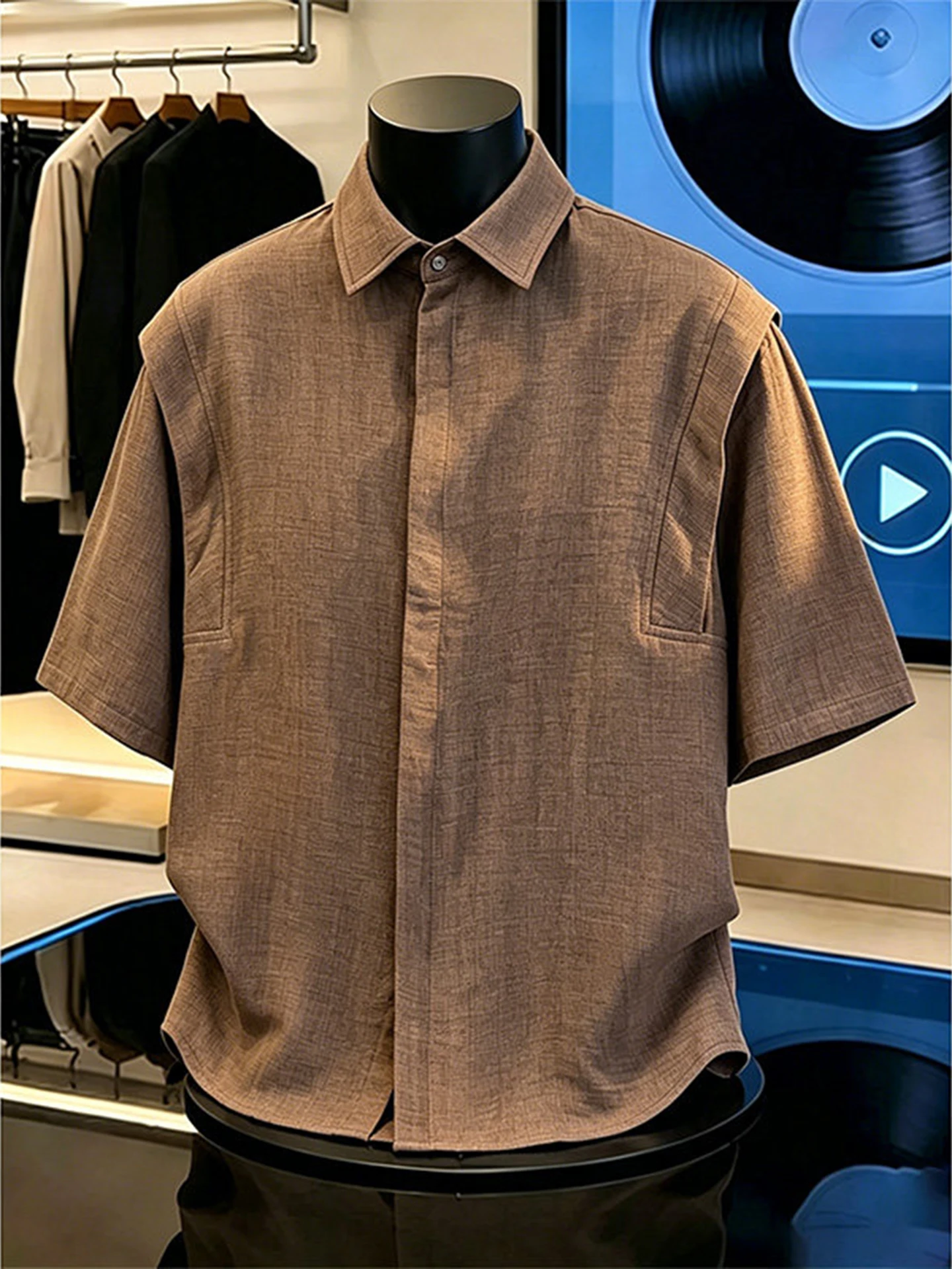 

Cleanfit American Structure Ice Silk Brown Short Sleeve Men's Shirt Summer Loose Fit Retro Style Breathable Polyester Fiber
