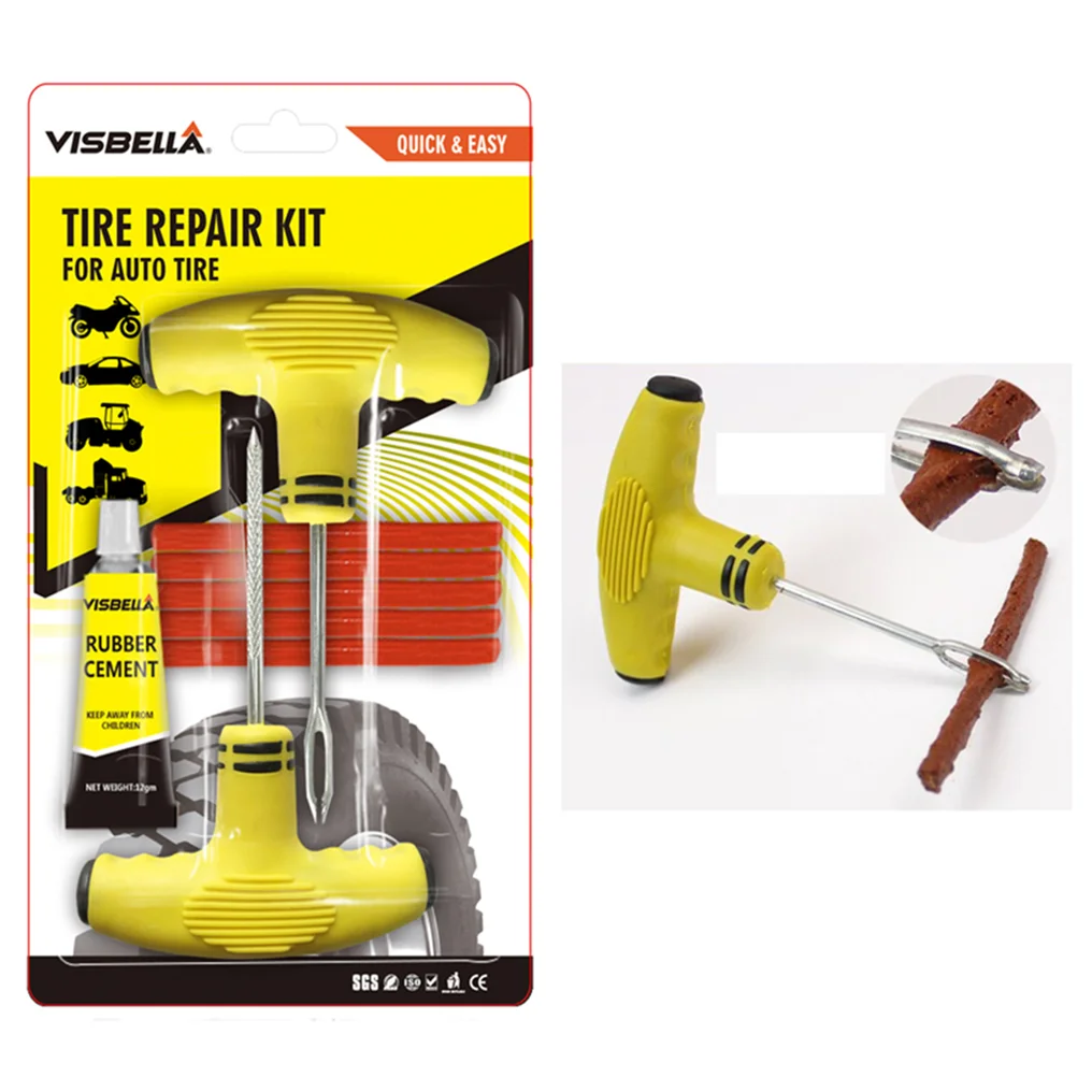 Visbella Car Tire Damage Hole Repair Tools with Rubber Strips Tubeless Tyre Puncture Studding Plug Set for Truck Motorcycle