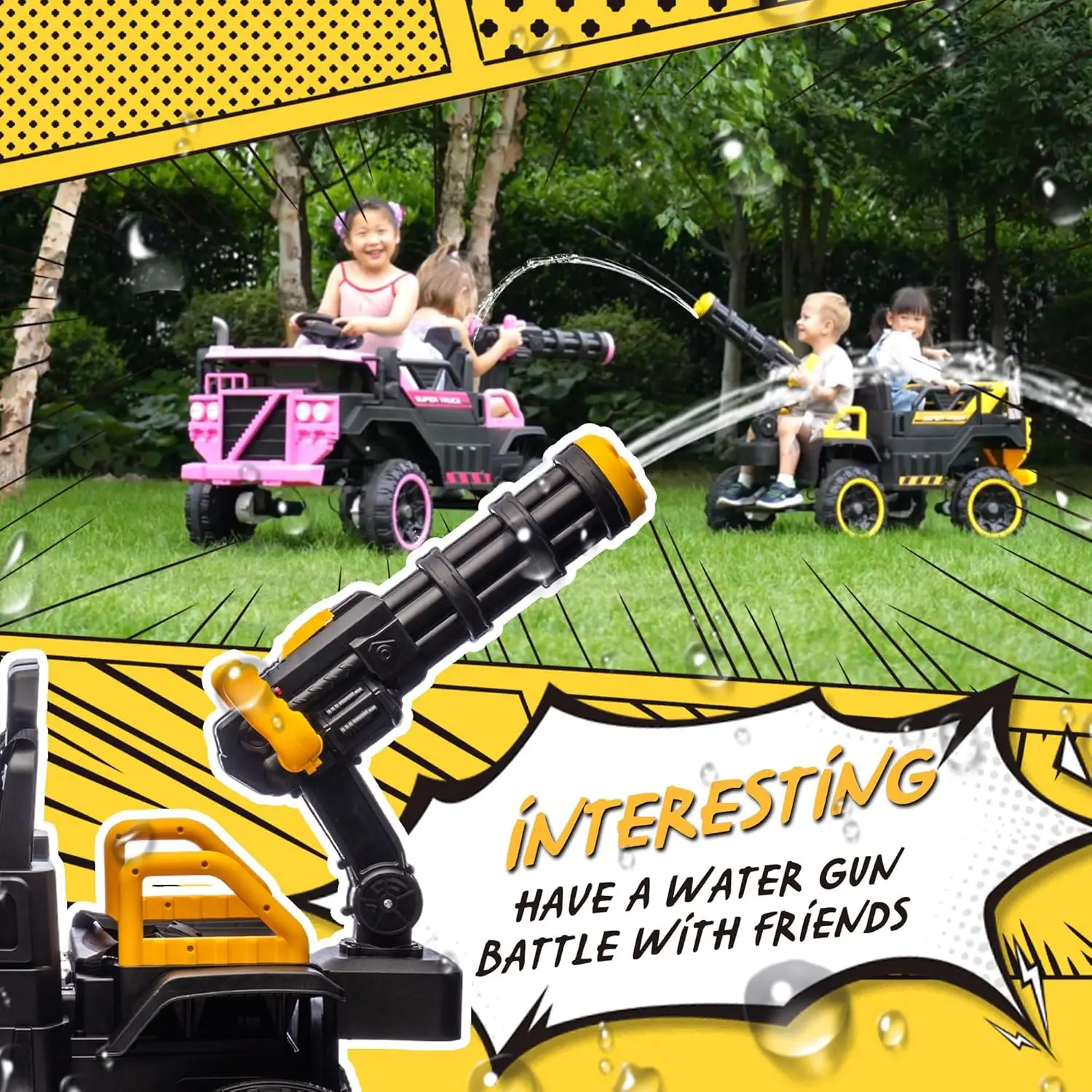 3 مقاعد للأطفال ركوب على شاحنة مع مسدس مياه 24 فولت ركوب على ألعاب للأطفال الكبار الصغار سيارة كهربائية الوالدين أضواء عن بعد بلوتوث