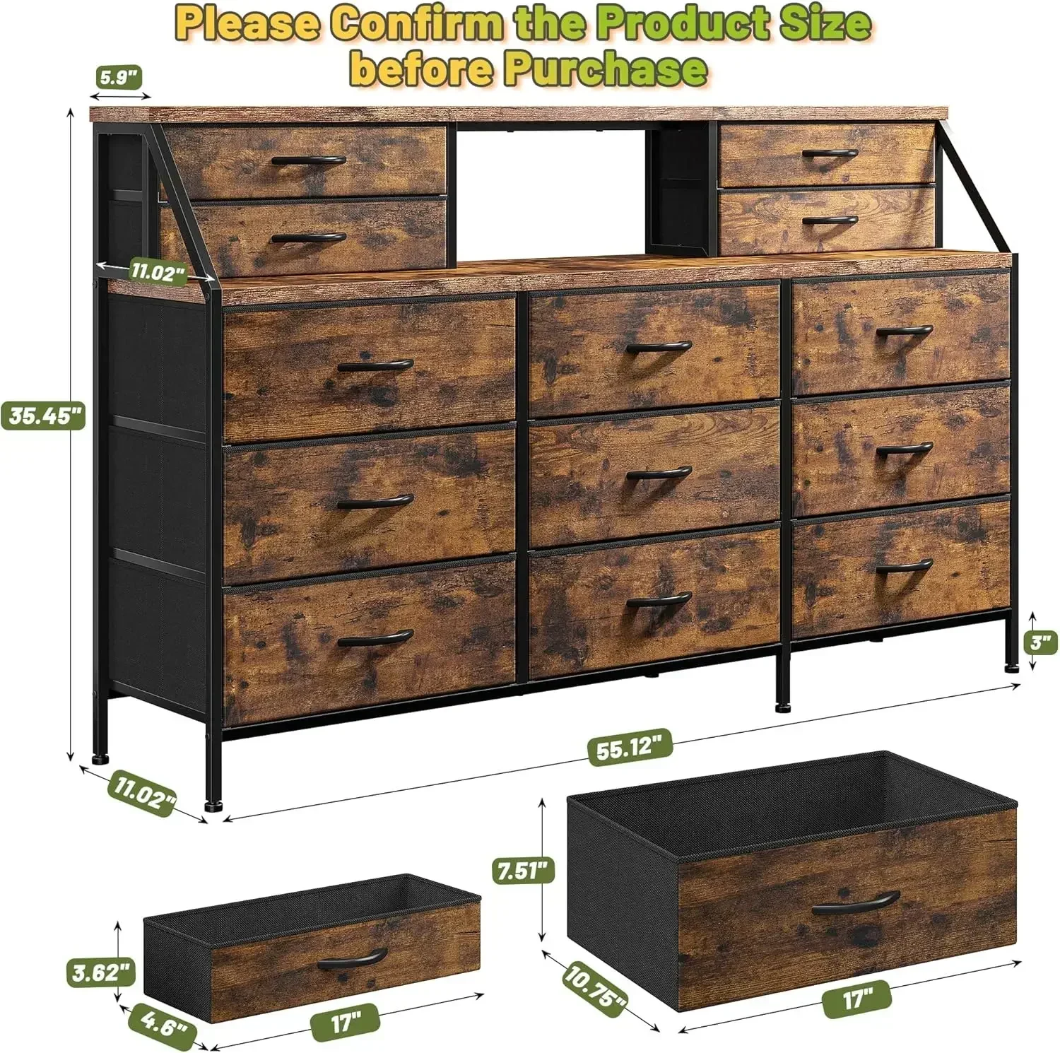 55”W Dresser for Bedroom, Dresser with 13 Large Drawer, Dressers & Chests of Drawers, Dressers with 2 Shelves, Bedroom Dresser