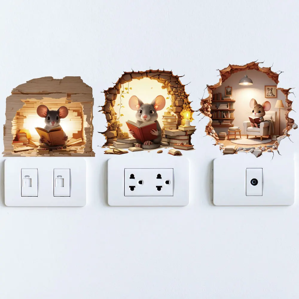 3pc/set 3d mouse hole sticker home decor self adhesive baby kids bedroom cartoon mouse decal
