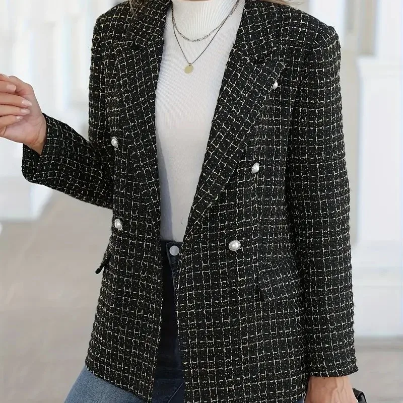 Fashionable Women's Small Suit Jacket Fashionable Checked Lapel Long Sleeve Single-breasted Cardigan Autumn Winter Suit Jacket