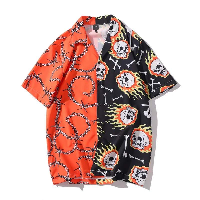 Fahion Men Patch Stich Vintage Short Sleeve Hawaii Shirt Mens Casual Skull Striped Printed Beach Shirts Camisa Hawaiana Hombre