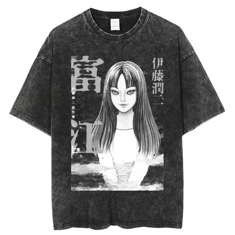 Oversize Acid TShirt For Men Women Thriller Comic Graphics TShirt Washed Kawakami Tomie Anime Top Tees Hip Hop Streetwear Unisex